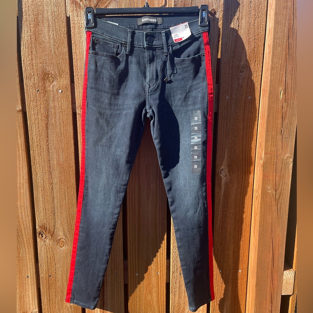 NWT Express Denim Leggings with Red Stripe